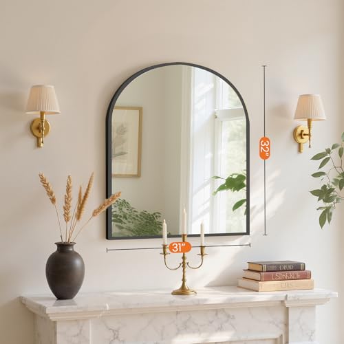 Sweetcrispy 31"x32" Arched Black Bathroom Mirrors for Wall, Bathroom Mirrors for Over Sink, Metal Framed with HD Shatter-Proof Glass for Entryway, Living Room, Bedroom - color: Black, size: 31"L x 32"W