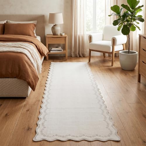 GarveeHome 2.5x8 Scalloped Washable Runner Rug for Kitchen, Soft Neutral Beige Long Hallway Runner Non Slip Entryway Rug Farmhouse Thin Laundry Mat Stain Resistant Carpet for Bathroom Beside Rug - color: Beige, size: 2'6" x 8' (Rectangular)