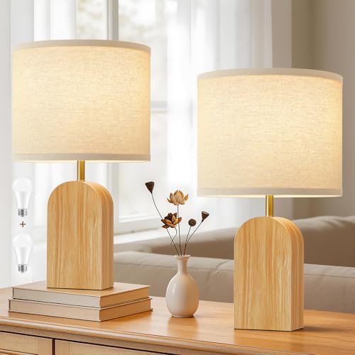 EJIAXIN Table Lamp for Bedroom Set of 2-19" Wood Farmhouse Bedside Lamp with Adjustable Color Temperatures - Modern Rustic Linen Lampshade Nightstand Lamps for Living Room Office, Bulbs Included - color: Burlywood