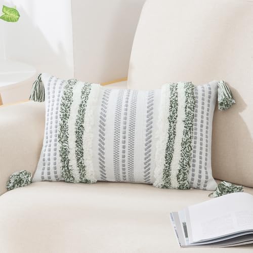 decorUhome Summer Decorative Boho Throw Pillow Cover 12x20, Lumbar Accent Neutral Textured Tufted Pillow Cover Striped for Couch Bed Sofa, Green and Cream White, Pack of 1 - color: Green and Cream White, size: 20" x 12" (Pack of 1)
