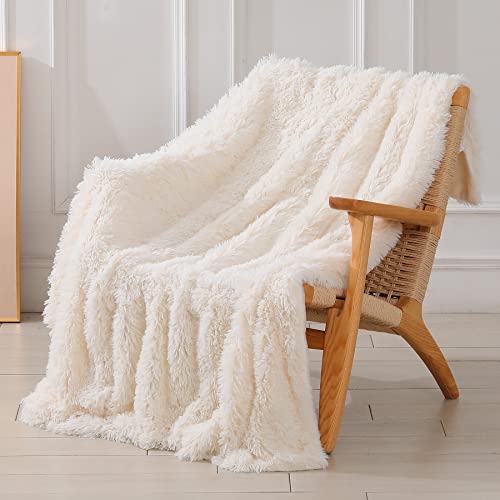 Tuddrom Decorative Extra Soft Fuzzy Faux Fur Throw Blanket 50" x 60",Solid Reversible Long Hair Shaggy Blanket,Fluffy Cozy Plush Comfy Microfiber Fleece Blankets for Couch Sofa Bedroom,Cream White - color: Cream White, size: Throw-50" x 60"