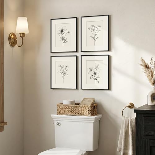 Framed Black and White Botanical Wall Art, Set of 4 Piece Vintage Minimalist Neutral Floral Prints Painting, Farmhouse Rustic Flower Artwork for Bedroom Living Room Fireplace Kitchen Walls, 11x14 Inch - color: Black and White, size: 11" W x 14" H x 4pcs