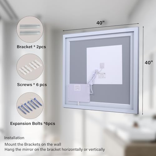 XRAMFY 40"x 40" LED Bathroom Mirror, Backlit + Front Lit, LED Bathroom Mirror with Lights for Wall, 3 Colors, Anti-Fog, Dimmable Brightness, Tempered Glass - size: 40"L x 40"W