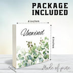 Greenery Wooden Block Sign - Unwind - 4"X4" Decorative Pine Wood Plaque, Home & Office Desk Decor, Housewarming Gift For Friends, Room Tabletop, Shelf Accessories - A10