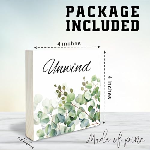 Greenery Wooden Block Sign - Unwind - 4"X4" Decorative Pine Wood Plaque, Home & Office Desk Decor, Housewarming Gift For Friends, Room Tabletop, Shelf Accessories - A10
