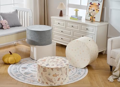 Large 22" Sturdy Sitting Pouf Ottoman Pouf Sealife Design for Kids Toddler Playroom, Bedroom, Nursery with Foam Filling as Seating, Footrest, Side Table Nautical Home Décor PU Leather (Cream Multi) - color: Cream Multi
