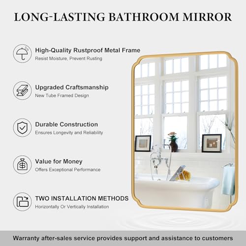 Ferytange 36 x 48 Inch Gold Bathroom Vanity Mirror for Wall with Non-Rusting Metal Frame Large Rounded Rectangle Mirror for Over Sink (Horizontal/Vertical) - color: Gold, size: 48"L x 36"W