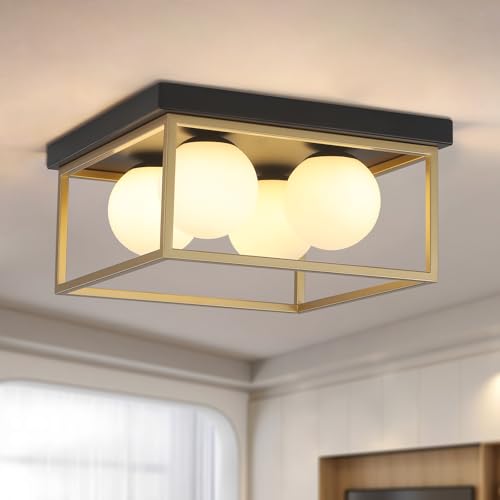 Flush Mount Ceiling Light, 12.6” Close to Ceiling Light Fixtures with Globe Glass Shade, 4-Light Black and Gold Light Fixture for Living Room Dining Room Bedroom Kitchen Hallway Entryway - color: Black and Gold