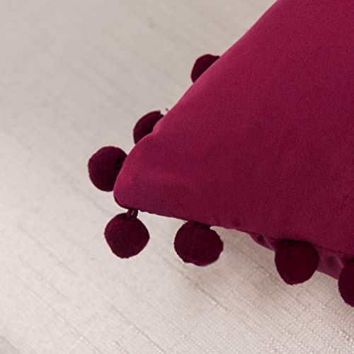 Elegant Comfort POM-POMS Fringe Velvet Cushion Covers Set of 2, Velvet Soft Solid Decorative Square Throw Pillow Covers Set Cushion Case for Couch Bed, Livingroom 18 x 18 Inch (45 x 45 cm), Burgundy - color: Burgundy, size: 18" x 18" (Pack of 2)