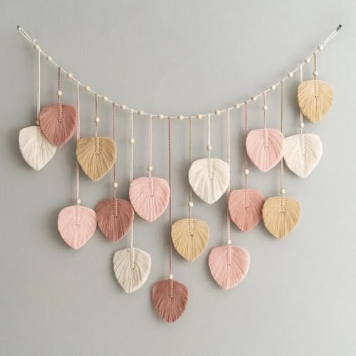 M MANUAL Macrame Leaves Wall Hanging 47.3x29.5Inch Large Chic Feather Boho Macrame Wall Decor Leaf Hanging Photo Display Handmade Woven Wall Art 16pcs Leaf Tapestry - Pink - size: Pink - 47.3*29.5in