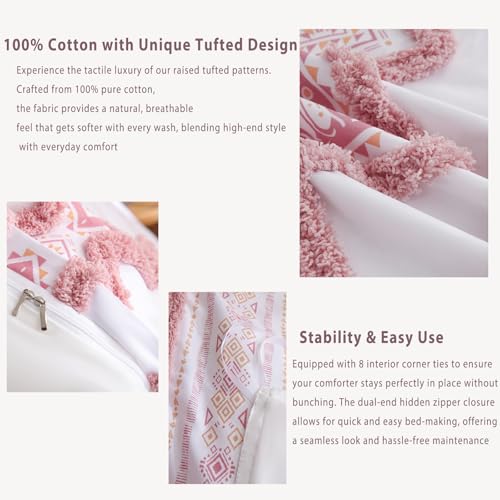 Herside 100% Cotton Boho Duvet Cover Set Queen Size,Shabby Chic Aztec Western Pink Tufted Bedding,Farmhouse Luxury 3 Piece Textured Quilt Duvet Set for All Season Home Decor - color: Pink, size: Queen(No Comforter)