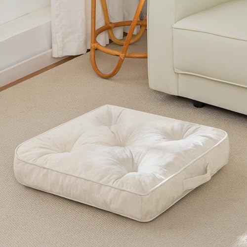 HIGOGOGO Large Floor Pillow Cushion for Adults, Meditation Cushion Pillow with Handle, Lustrous Chenille Tufted, Square Floor Sitting for Tatami Living Room or Yoga, 22x22 Inch, Beige - color: Square Beige, size: 4" Thick(Pack of 1)