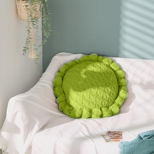 Acrylic Knitted Round Throw Pillow Knitting Bohemian Circular Cushion Pillow with Knit Handmade Pompoms Decorative Apple Green, Diameter 18inches - color: Apple Green