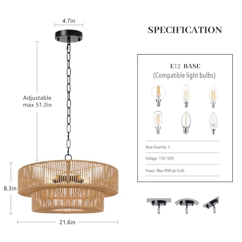 21.6 Inch Boho Rattan Chandelier, 5-Lights Hand Woven Bohemian Chandeliers with 2-Tier Drum Wicker Shade, Modern Farmhouse Large Pendant Light Fixture for Dining Room Living Entryway Bedroom - color: Matte Black Metal, size: 21.6 Inch