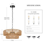 21.6 Inch Boho Rattan Chandelier, 5-Lights Hand Woven Bohemian Chandeliers with 2-Tier Drum Wicker Shade, Modern Farmhouse Large Pendant Light Fixture for Dining Room Living Entryway Bedroom - color: Matte Black Metal, size: 21.6 Inch