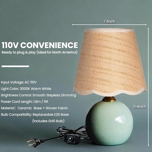 11.4" Scalloped Small Table Lamp, Green Ice Crackle Ceramic Bedside Lamp with Wavy Shade, 3-Color Dimmable LED Nightstand Light for Bedroom & Living Room, Aesthetic Home Decor, Bulb Included - color: Scalloped Fabric+Green Ceramic Base
