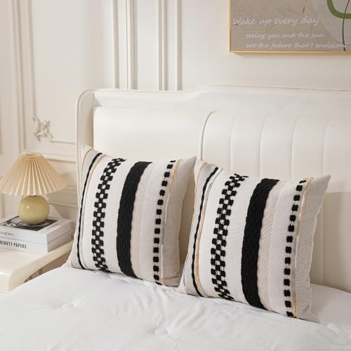 Boho Pillow Covers 18x18 Set of 2 for Couch-Modern Farmhouse Sofa Decorative Throw Pillow Covers Textured Chenille Cushion Covers Outdoor Netural Bohemian Pillow Cases Square - color: Black Stripe 2