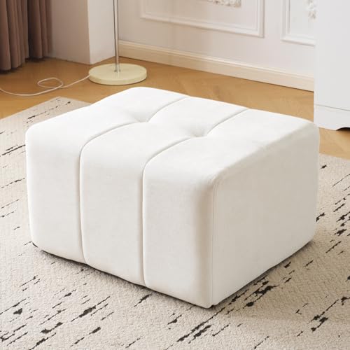Square Stuffed Pouf Ottoman,Chenille Poufs with Foam Chunk Filling, 27.9 X 16.1 Floor Poufs for Sofa,Accent Foot Rest Stool for Living Room, Beige - color: Beige