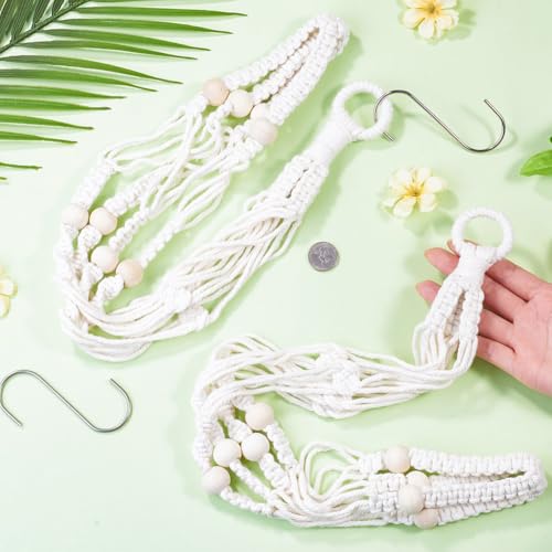 2Pcs Macrame Plant Hangers Indoor Outdoor Hanging Net Plant Basket with Wood Bead, Decorative Flower Pot Holders with 2Pcs S Hooks for Boho Home Room Balcony Garden Decor, Antique White - color: Antique White