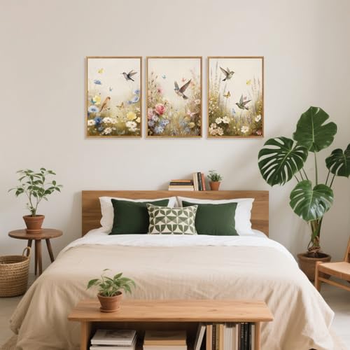 CHDITB Floral Bird Framed Canvas Wall Art Set Of 3, Vintage Garden Wall Decor, Nature Wildflower And Bird Wall Painting, Botanical Flower Art Prints For Dining Room Bedroom Decor (12X16 Inch) - color: Floral bird
