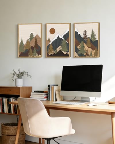 KUVIOKE Morden Mountains Framed Wall Art Boho Pine Tree Forest Nature Landscape Artwork Bohemain Farmhouse Rustic Bedroom Living Home Decor 11x14in (Natural Framed) - color: Wooden Mountain Sunrise, size: 11 x 14in x 3 Panels Natural