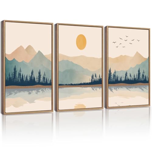 KUVIOKE Mountain Landscape Framed Wall Art Watercolor Nature Laker Painting Sun Rises Boho Farmhouse Rustic Home Decor 11x14in (Natural Framed) - color: Laker and Mountain, size: 11 x 14in x 3 Panels Natural