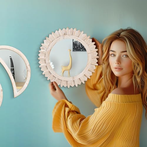 WAKOSAN Moon Phase Wall Mirror Set, 5PCS Wooden and Real Glass Mirrors | Bohemian style bedroom decor, crystal clear reflection, for living room apartment,wall hanging - color: White
