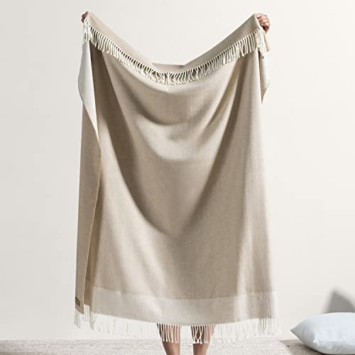 Lands Downunder All-Season, Luxury Dune Border Herringbone Throw – Soft Woven Throw with Decorative Fringe – Made in Italy – 51”W x 67”L - Perfect for Gifting - color: Dune
