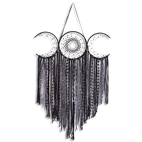 ANROYE Black Triple Moon Goddess Macrame Wall Hanging, Wicca Crescent Dream Catcher for Witch Home, Dreamcatcher for Bedroom Decoration, Pagan Woven Tapestry for Wiccan Adults Decor - color: Shadow Black