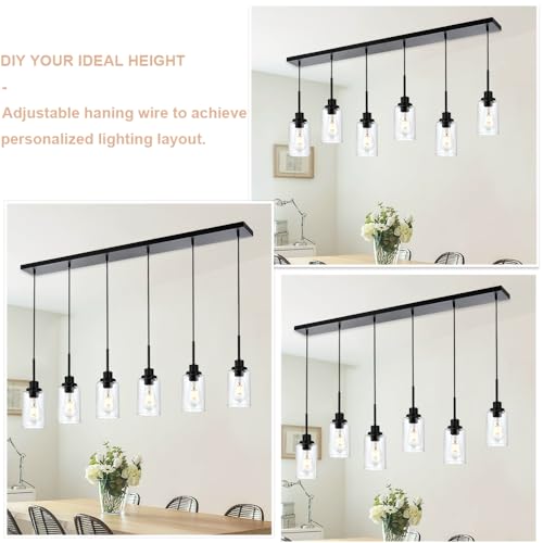 6-Lights Pendant Light Fixtures Ceiling, Modern Black Adjustable Hanging Lamp with Clear Glass Shades, Dining Room Kitchen Island Lighting E26 Bulb Base - color: Black, size: 6-Light
