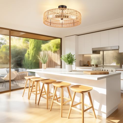 Hamilyeah 20 inch Boho Flush Mount Ceiling Light Fixture, Rattan Ceiling Light Fixture with 4 Light,Woven Light Fixtures Ceiling Mount for Living Room, Bedroom, Kitchen - color: 20INCH Semi Ceiling Light