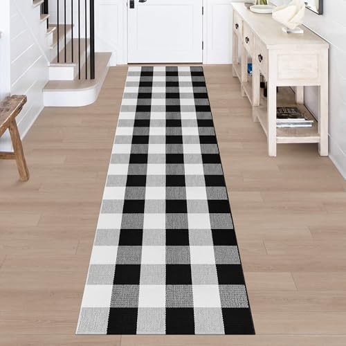Buffalo Check Rug Black and White Buffalo Plaid Hallway Runner Rug 2x8 Cotton Woven Rug Carpet Runner for Entryway Farmhouse Kitchen Bathroom Indoor-Outdoor Front Door Mat - color: Black and White, size: 2‘×8’