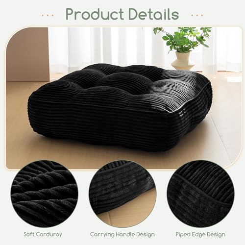 HIGOGOGO 6" Extra Thick Floor Pillow Cushion for Adults, Meditation Cushion Pillow, Large Square Floor Sitting, Tufted Corduroy Cover, for Tatami Living Room or Yoga, 22x22 Inch, Black - color: Square Black, size: 6" Thick(Pack of 1)