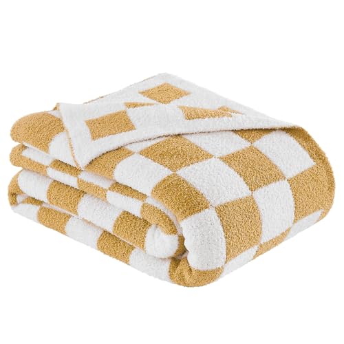 Checkered Throw Blanket, Khaki Soft Cozy Fluffy Knitted Throw Blankets for Couch, Sofa, Bed, Chair, Warm Fuzzy Travel Picnic Lightweight Plaid Blanket, 50x70 inches - color: Khaki, size: 50×70 Inch