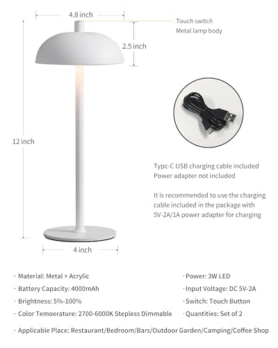 Cordless LED 12" Small Table Lamps Set of 2, Modern Portable Desk Lamp, 3 Color Dimming Rechargeable Battery Lights, for Bedroom, Outdoor, Restaurant, Bedside, Baby Night Light, Gifts (White) - color: H12" White (2 Pack)
