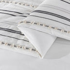 Chezmoi Collection 4-Piece Clip Jacquard Cotton Comforter Set King, Boho Chic Tufted Pompom Striped Bedding with Linen Blended Textured Pillow Cushion, Gray/White - color: Maru Gray White, size: King