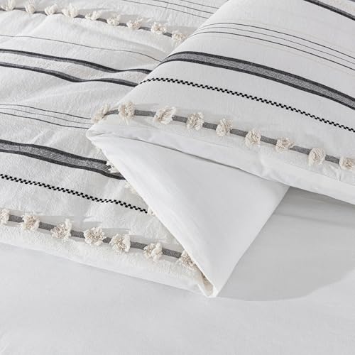 Chezmoi Collection 4-Piece Clip Jacquard Cotton Comforter Set King, Boho Chic Tufted Pompom Striped Bedding with Linen Blended Textured Pillow Cushion, Gray/White - color: Maru Gray White, size: King