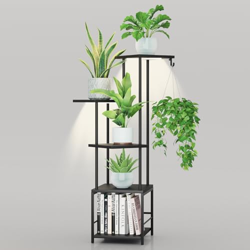 Homsorout Plant Stand Indoor with Grow Light - 5-Tier Metal Plant Shelf with Hanging Basket Hook, Corner Tall Flower Holder for Multiple Plants, Living Room Balcony Garden Patio, Black - color: Black, size: 5-Tier
