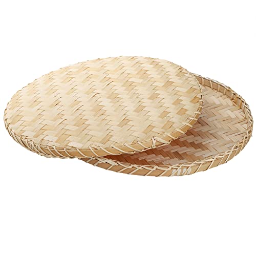 3 Pieces Handmade Bamboo Woven Basket Tray, 13 Inch Round Flat Wicker Baskets, Shallow Food Storage Serving Trays Decorative Wall Hanging Baskets for Breakfast, Fruit, Snacks (Beige)