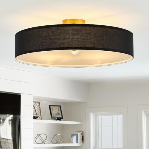 VILUXY Black and Gold Semi Flush Mount Ceiling Light Fixture, 24’’ Large Modern Ceiling Light with Linen Fabric Shade 5-Light Drum Ceiling Lamp for Bedroom Living Dining Room Enteyway - color: Black