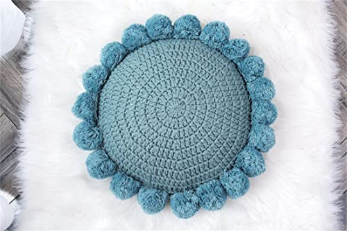 Byitre Bohemian Round Pillow 20 Inch | 100% Cotton Decorative Pillow Hand Tufted with Chunky Textured Poms | Boho Throw Pillow for Bed or Couch | Natural Blue Throw Pillow - color: Sunflower Blue
