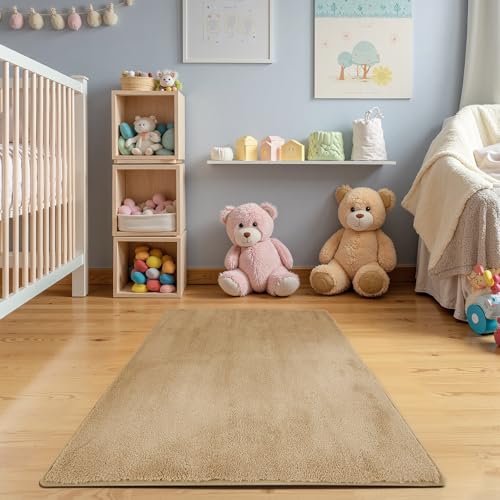 jinchan Solid Plush Area Rug 3x5 Performance Shaggy Washable Rug Indoor Soft Modern Faux Wool Cozy Non Slip Carpet for Living Room Kids Room Bedroom Dining Room Nursery Tan - color: Solid Tan, size: 3' x 5' (Rectangular)
