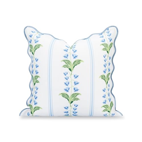 Hofdeco Premium Grandmillennial Coastal Hampton Patio Indoor Outdoor Throw Pillow Cover Only, 20"x20" Water Repellent for Backyard, Couch, Poolside, Blue Green Print Striped Lily of the Valley - color: Blue Grass Green Watercolor Striped Lily of the Valle