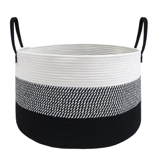 JMvicyroam 65L Extra Large Blanket Basket for Living Room - Woven Cotton Rope Laundry Hamper with Reinforced Handles - Storage Bin for Pillows, Comforters & Toys - Machine Washable,White&Black Mix - color: White&Black Mix, size: 65L