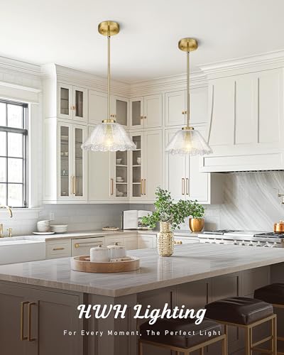 Modern Pendant Light Fixtures, HWH Pendant Lights for Island Dining Room Hallway, Bedroom, Gold Hanging Lighting with Clear Floral Glass, Brushed Gold Finish, 5HJX110MIL BG - color: Gold