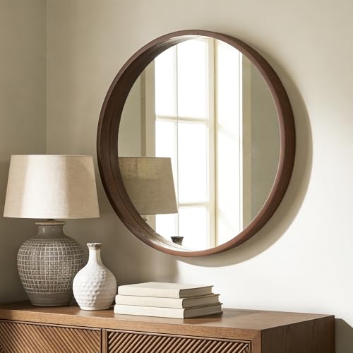 WallBeyond 28 Inch Round Wood Mirror, Large Circle Wooden Frame Wall Mirror for Bathroom, Living Room, Bedroom, Entryway (Walnut) - color: Walnut, size: 28"L x 28"W