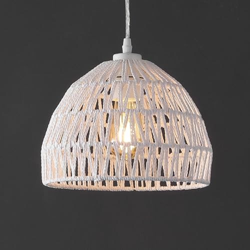 JONATHAN Y 10.25" White Modern Bohemian Woven Rope LED Pendant Light Fixture, Adjustable Dome Ceiling Lamp for Kitchen Island, Rope Shade, Coastal Farmhouse Decor (JYL6513A) - color: White, size: 10.25"