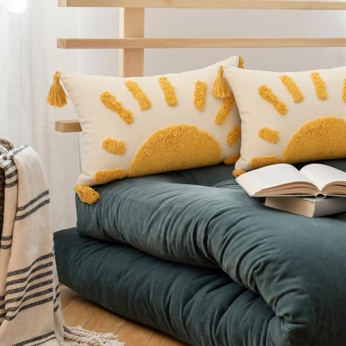 2 Pcs Sun Tufted Lumbar Pillow Cover 12x20 Inch Boho Velvet & Canvas Throw Pillow with Tassels, Yellow Cream Decorative Accent Pillows for Bed, Couch, Living Room & Farmhouse Decor - style: Small Sun