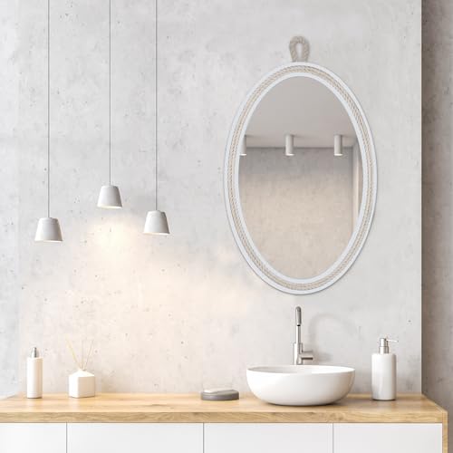 Oval Mirrors for Wall Decor Small White Nautical Rope Mirror Hanging Decorative Beach Coastal Mirror,24''Lx16''W,Oval - size: 23.4"L x 15.6"W