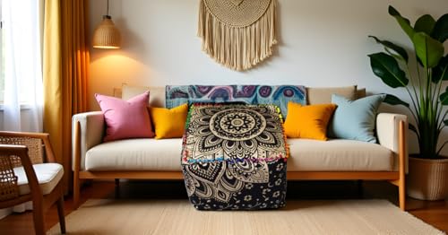 CRAFT KALA Mandala Meditation Floor Pillows Cover Square Pillow Seating Hippie Decorative Adults Bohemian Cushion Cover Outdoor Living Room Throw Ottoman Poufs Cover 18X18X14 inches, Black Gold Flower - color: Black Gold Flower